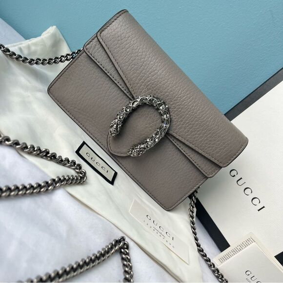 GUCCI Grey Leather Flap Dionysus Mini Chain SoHo Disco Dollar Crossbody + Box - Picture 5 of 14
